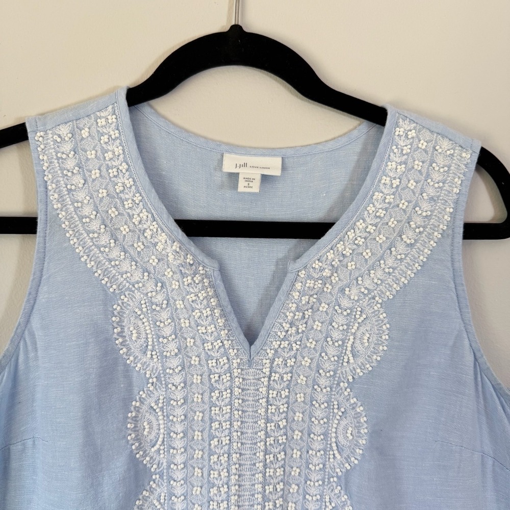J. Jill Love Linen Dress Blue Beaded Embroidered Shift Sleeveless Tunic PS - Picture 2 of 6